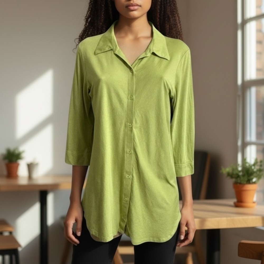 Eileen Fisher Green Organic Cotton Classic Collar Long Button Up Shirt SZ M